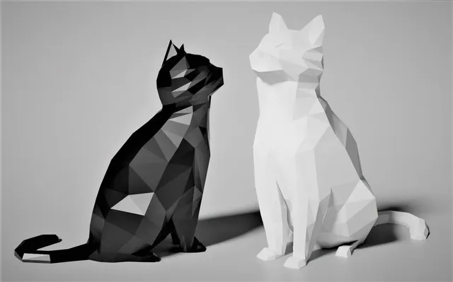 2 Adet Low Poly Kedi Biblo – Siyah ve Beyaz Dekoratif Figür